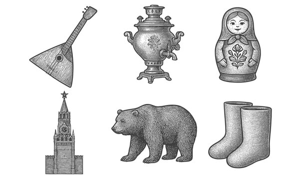 Traditional russian icons: balalaika, samovar, matryoshka, kremlin, bear, valenki in vintage style