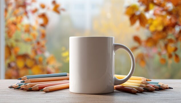 Blank white mug on wooden table, surrounded by colorful pencils, autumnal window view