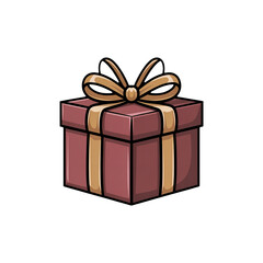 Cartoon Gift Box with Ribbon, Burgundy and Gold Holiday Present Illustration on Transparent PNG for Christmas, Birthday, and Seasonal Designs