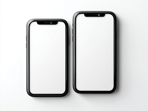 Two black smartphones, one large and one small,  placed side-by-side on a white surface.  Empty screens