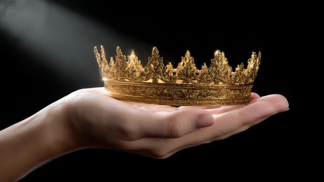 Crown of gold shining in hand on dark background. Concept of power, success, prestige and luxury. Close-up of golden crown lying on open palm. Visualization of greatness, royalty and ambition.