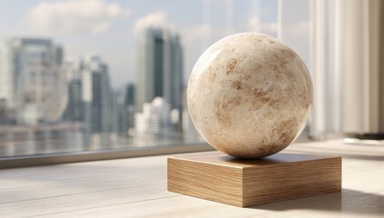 Polished beige marble sphere on a wooden cube, city view
