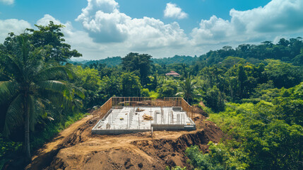 High altitude view of foundation being constructed in lush green landscape, surrounded by trees and hills, showcasing progress of building amidst nature beauty