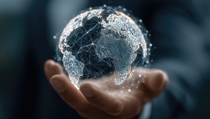 Hand holding a digital globe, network lines connecting continents