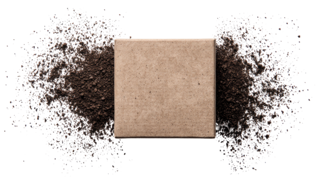 Square box of light brown material surrounded by a burst of dark brown powder