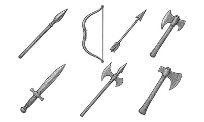 Medieval weapons collection: sketched sword, axe, spear, bow, and arrow designs
