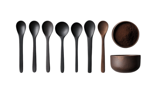 Dark wooden spoons and a small bowl of spice