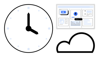 Clock, digital dashboard with analytics and warning elements, and cloud outline. Ideal for productivity, time management, cloud computing, data analysis, remote work security efficiency. Simple