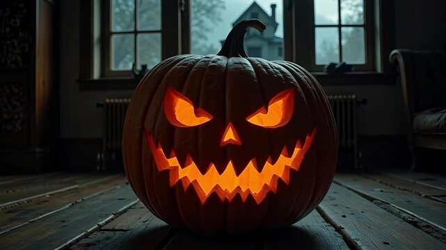 Spooky carved pumpkin glows with eerie light, setting a chilling Halloween mood indoors