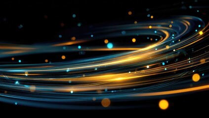 Abstract swirling lines of light, gold and teal, on black background