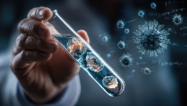 A hand holds a test tube containing glowing microbes.  A graphic overlay shows more microbes and scientific formulas