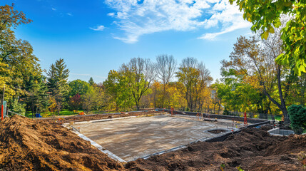 New foundation being laid in construction site surrounded by trees and greenery, showcasing clear blue sky and autumn foliage. scene reflects progress and development in serene environment