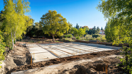 New foundation being laid in construction site surrounded by trees and greenery, showcasing clear blue sky and well prepared area for building
