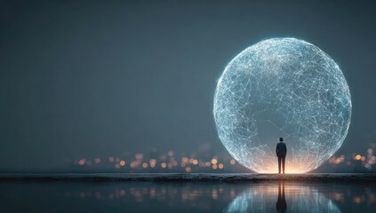 A solitary figure stands before a luminous sphere