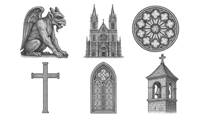 Gothic architecture elements featuring gargoyle, cathedral, and rose window