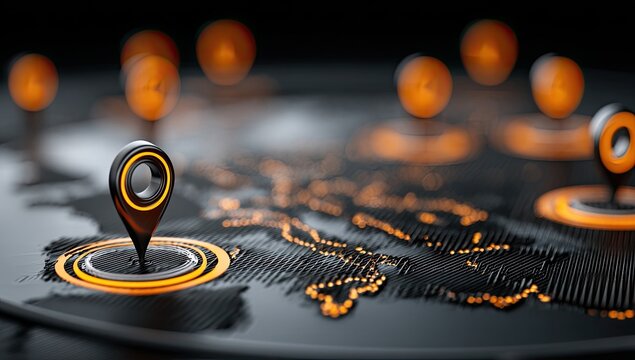 Global map with glowing location pins.  Detailed 3D world map,  showing various geographic locations marked with illuminated orange pins.  