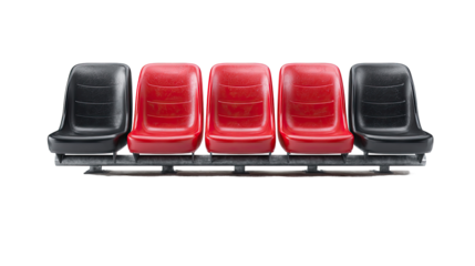 Five stadium seats, alternating red and black, mounted on a horizontal bar