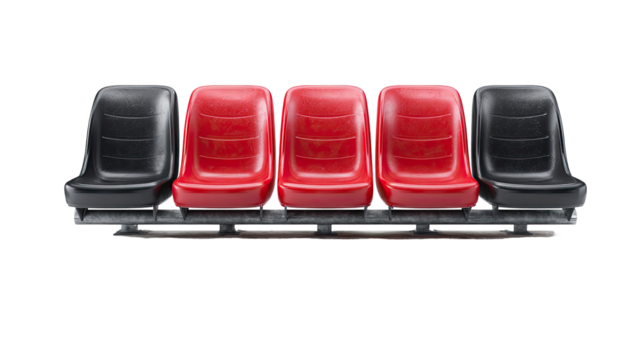 Five stadium seats, alternating red and black, mounted on a horizontal bar