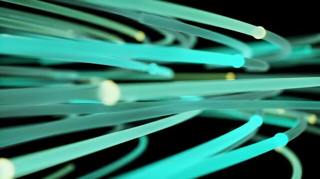 Elegant tech backdrop: semi-transparent ribbon planes, orbiting camera and slow dolly-in, pulsing nodes travel along lanes