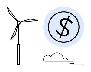 Wind turbine alongside a dollar sign, representing renewable energy savings, clean power, and sustainability. Ideal for economics, business, eco-finance, green technology, sustainability alternative