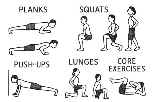 Bodyweight Exercise Doodles. Bodyweight training: hand drawn doodles of planks, squats, lunges, wall sits, push-ups, and core