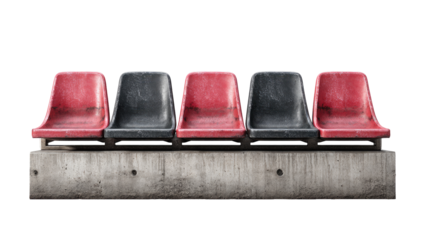 Row of five weathered stadium seats on a concrete bench