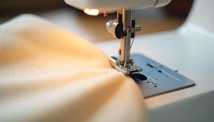 a sewing machine needle stitching beige cloth, showcasing the process of garment creation or fabric repair, created with generative ai