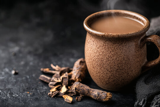 Ashwagandha and cacao elixir in hand-thrown pottery mug