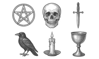 Vintage occult symbols: skull, pentacle, candle, crow, dagger, chalice