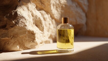 Golden perfume bottle, sunlight on beige rocks