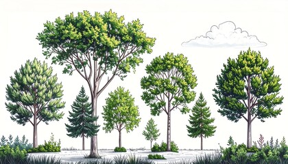 Illustration of various trees and a cloud