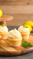 Lemon cupcakes on a wooden board