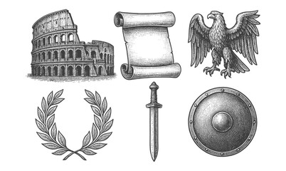 Ancient roman symbols in vintage style: colosseum, scroll, eagle, laurel, sword, and shield