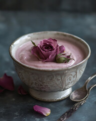 Rose and cardamom milk pudding in porcelain bowl with petals