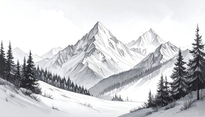 Winter Mountain Landscape Drawing