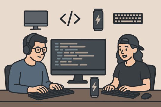 Developers' Tech Hub. Horizontal composition showing developers at code station and tech zone icon set for monitors, code brackets