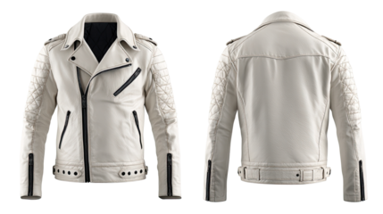 Cream-colored leather biker jacket, front and back views.  Detailed stitching, quilted shoulder panels, and black accents.  Zipper closure and belt loops