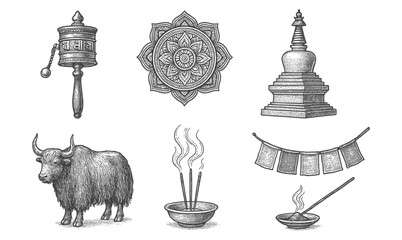 Hand drawn tibetan symbols: prayer wheel, mandala, stupa, yak, incense, prayer flags