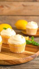 Lemon cupcakes on a wooden platter