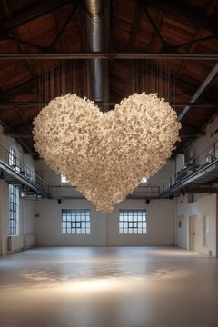 Large heart sculpture, light beige, hangs from industrial space ceiling