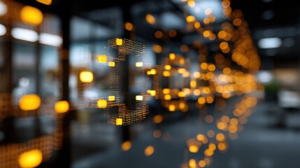 Medium shot of a glowing blockchain ledger on a futuristic transparent screen with background office environment out of focus for tech security concept.