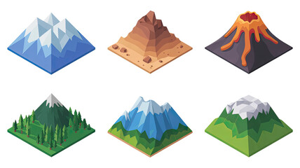 Isometric mountain and volcano illustrations perfect for landscape design and educational projects.