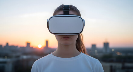 Girl immersed in virtual reality headset enjoying sunset cityscape, experiencing digital world, innovation, gaming, technology, future trends