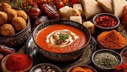 Spicy tomato soup, Middle Eastern food spread