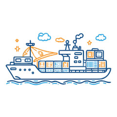 Cargo ship icon, illustration, blue and orange, logistics -