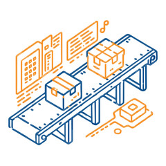 Conveyor belt with boxes, isometric art, orange-blue, logistics