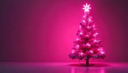 Neon pink Christmas tree, Fantasy magenta background with fir branches, festive futuristic Christmas design, festive holiday feel, created with generative ai