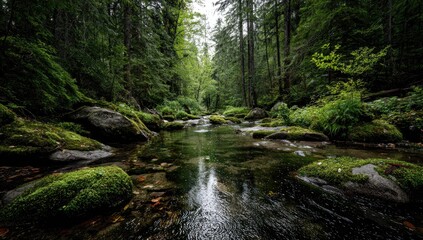 Obraz premium Tranquil forest stream. Lush greenery, mossy rocks, and clear water flow through a dense woodland