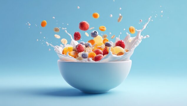 Bowl of cereal with fruit and milk splash - Powered by Adobe