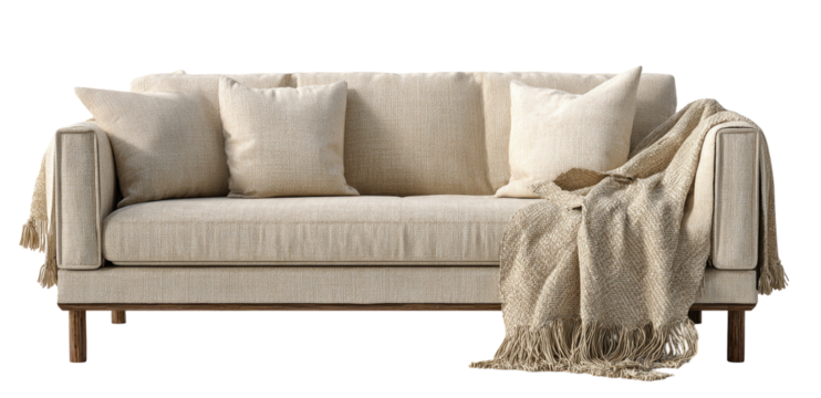 Light beige sofa with throw blanket